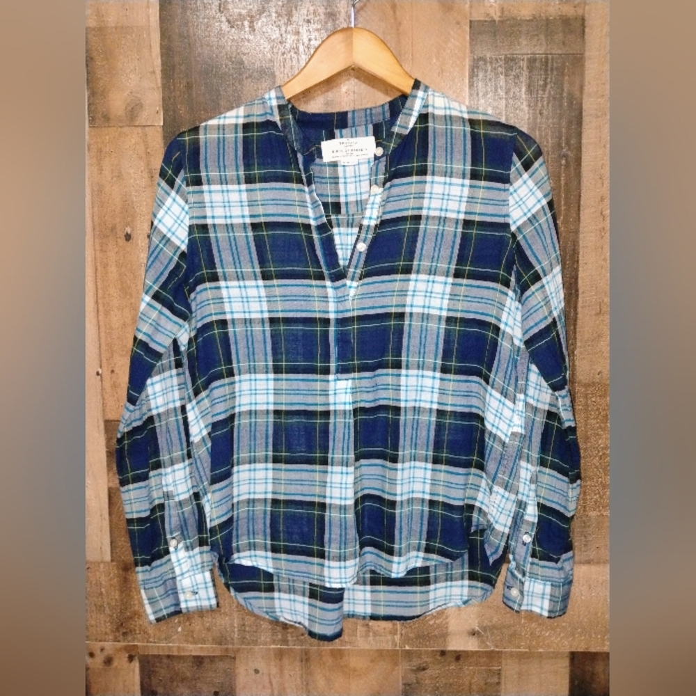 Trovata Birds Of Paradis Plaid Button-Up blouse Top Size XS Blue Green Women's